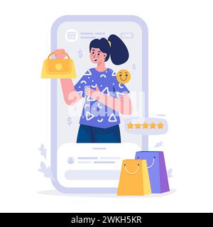 Live stream product reviews with a five-star rating illustration Stock Vector