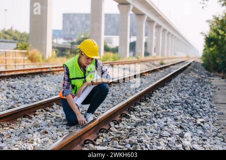 Engineer railway tracks construction service team working on site survey checking and maintenance inspection train track for safety Stock Photo