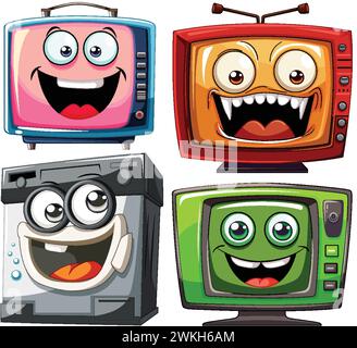 Four cartoon televisions with various funny faces. Stock Vector