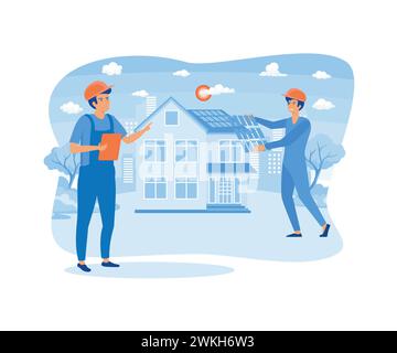 Roof construction worker building fixing and house renovation rooftop. flat vector modern illustration Stock Vector