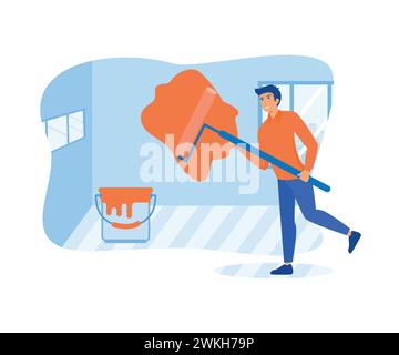 Contractor worker doing indoor maintenance wall painting. flat vector modern illustration Stock Vector