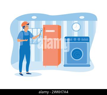 Home appliance repair technician service with washing machine, refrigerator elements. flat vector modern illustration Stock Vector