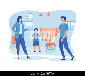 Home repair concept. Happy smiling family with child painting wall with roller. flat vector modern illustration Stock Vector