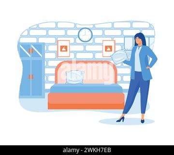 Hotel jobs. Housekeeper in uniform making bed in room. flat vector modern illustration Stock Vector