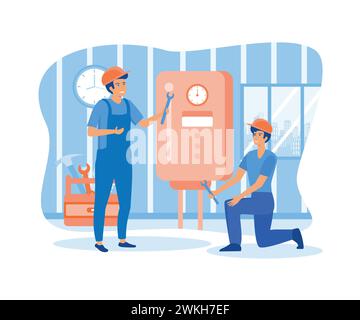 Plumber worker repairs broken water heater. Repairmen in uniform install boiler, appliance. flat vector modern illustration Stock Vector