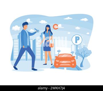 Hotel valet parking worker gets keys from client's car. flat vector modern illustration Stock Vector
