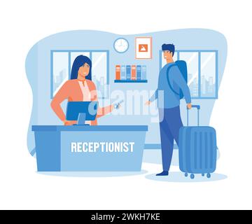 Hotel reception workers provide information to people arriving. flat vector modern illustration Stock Vector