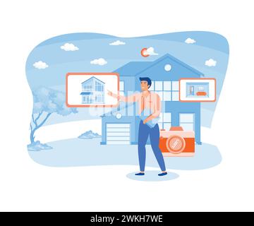 Man doing real estate floor plan, house photography. flat vector modern illustration Stock Vector