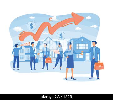 Real estate transactions and increases in property values. People sell property and buy houses and cottages. flat vector modern illustration Stock Vector