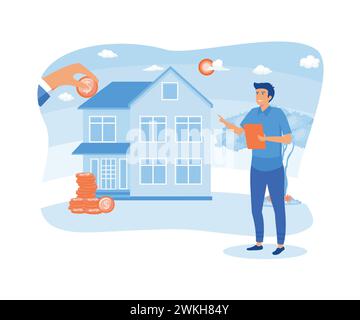 Home mortgage concept. Man pays loan for real estate. Investment and financial literacy. flat vector modern illustration Stock Vector