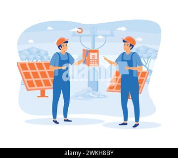 Maintenance of Solar Power Installations, Panels or Wind Turbines with the Home Service Team for Electrical Network Operations. flat vector modern ill Stock Vector