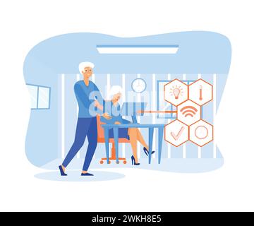Elderly couple holding remote home control system on a digital tablet. Grey haired pensioner in eyeglasses helping his wife with new smart phone app. Stock Vector
