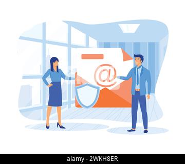 Two people stand near big envelope, letter with shield. Secure, encrypted messages, emails. flat vector modern illustration Stock Vector