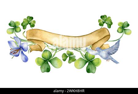 Empty ribbon banner with shamrock watercolor illustration isolated on white. Painted clover, crocus and bird. Ribbon with symbol of Ireland hand drawn Stock Photo
