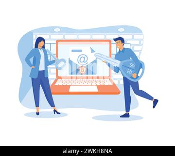 People protecting computer data, Email encryption concept. flat vector modern illustration Stock Vector