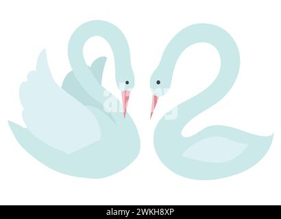 Pair of white swans in cartoon style. Vector stock illustration isolated on white background. Stock Vector