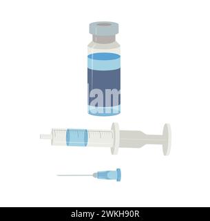 Glass bottle with vaccine, medicinal preparation in liquid form. disposable syringe and needle. Vector stock illustration isolated on white background. Stock Vector