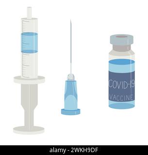 Covid-19 coronavirus vaccine in a transparent glass bottle with a rubber stopper and a disposable plastic syringe and needle Stock Vector