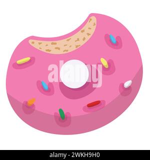 A bitten donut in pink icing with multi-colored toppings. Vector illustration isolated on white background. Stock Vector