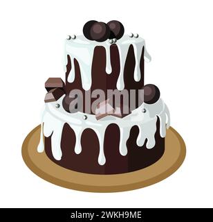 Large two-tiered brownie chocolate cake garnished with white ganache, chocolates and silver sugar balls. Stock vector illustration isolated on Stock Vector