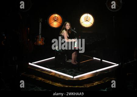 Paris, France. 20th Feb, 2024. Icelandic singer-songwriter and record producer Laufey performs at the Trianon in Paris, France on February 20, 2024. Photo by Christophe Meng/ABACAPRESS.COM Credit: Abaca Press/Alamy Live News Stock Photo