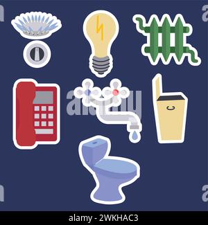 A set of stickers on the theme of utility bills. Gas, electricity, water supply, sewerage, heating, telephone communication, garbage disposal Stock Vector