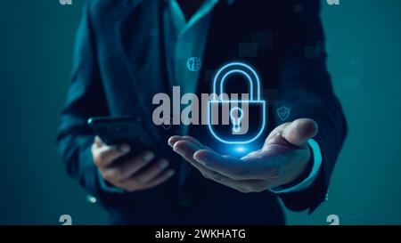 Businessman show virtual key and secure encryption technology, cybersecurity privacy of data protection, security Internet access, security encryption Stock Photo