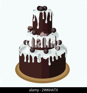 Large three-tiered brownie chocolate cake garnished with white gonache, chocolates and silver sugar balls. Vector stock illustration isolated on Stock Vector