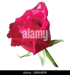 low poly polygon rose pink flower isolated on green stem romance. Vector stock illustration isolated on white background. Stock Vector