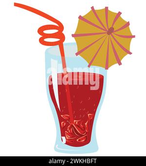 Glass tumbler with red goose drink, cocktail straw and umbrella. Vector stock illustration isolated on white background. Stock Vector