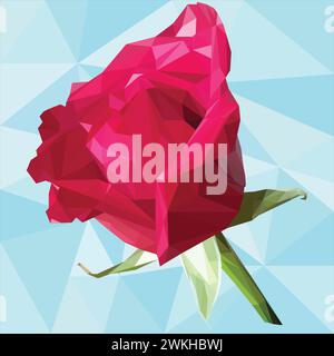 low poly polygon rose pink flower isolated on green stem romance. Vector stock illustration isolated on white background. Stock Vector