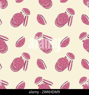 Strawberry cookies seamless pattern with pink macaroons cakes and cookies on cream background. Vector illustration Stock Vector