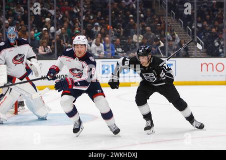 Los Angeles, California, USA. 20th Feb, 2024. ALEX LAFERRIERE of the NHL's Los Angeles Kings chases for the puck against ZACH WERENSKI during a game at Crypto.com Arena in Los Angeles, California on February 20, 2024 (Credit Image: © Alex Cave/ZUMA Press Wire) EDITORIAL USAGE ONLY! Not for Commercial USAGE! Stock Photo