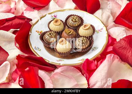 Handmade candies from white, dark and milk chocolate decorated with nuts, caramel shavings and golden sugar pearls served on vintage plate amidst rose Stock Photo