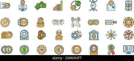 Tokens coins icons set. Outline set of tokens coins vector icons thin line color flat on white Stock Vector