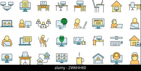 Home office icons set. Outline set of home office vector icons thin line color flat on white Stock Vector