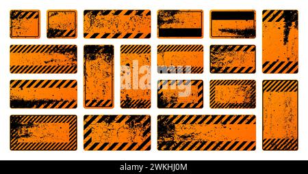 Orange grunge warning signs with diagonal lines. Old attention, danger or caution sign, construction site signage. Realistic notice signboard, warning Stock Vector