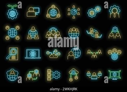 Smart outsource icons set. Outline set of smart outsource vector icons neon color on black Stock Vector