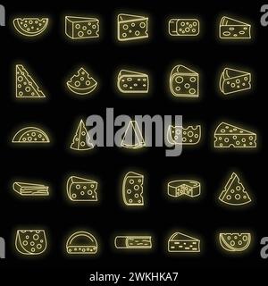 Cheese product icons set. Outline set of cheese product vector icons neon color on black Stock Vector