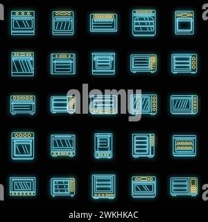 Convection oven appliance icons set. Outline set of convection oven appliance vector icons neon color on black Stock Vector