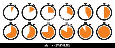 Stopwatch icon set in orange color. Stopwatch symbol set. Collection of timer icon set in orange color on white background. Countdown clock stopwatch. Stock Vector