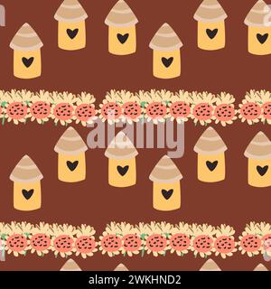 autumn red pattern with bird houses and sunflowers. Vector illustration isolated. Can used for wrapping paper, textile, greeting card, celebration design Stock Vector