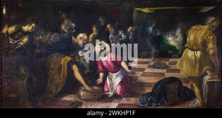 Jacopo Tintoretto, Christ washing the Feet of the Disciples, painting in oil on canvas, 1575-1580 Stock Photo