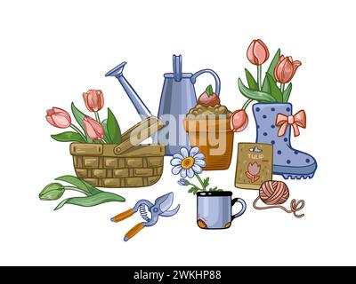 Composition of flowers in pots, in a basket, with a rubber boot, mug, pruning shears isolated on a white background. Stock Vector
