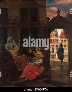 Pieter de Hooch, A Musical Party in a Courtyard, painting in oil on canvas, 1677 Stock Photo