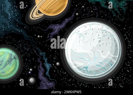 Vector Fantasy Space Chart, horizontal poster with cartoon design Enceladus and Titan moons, orbiting around Saturn in deep space, decorative futurist Stock Vector