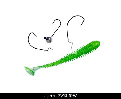Fishing tackle. Fishing  hooks and silicone lure on white background Stock Photo