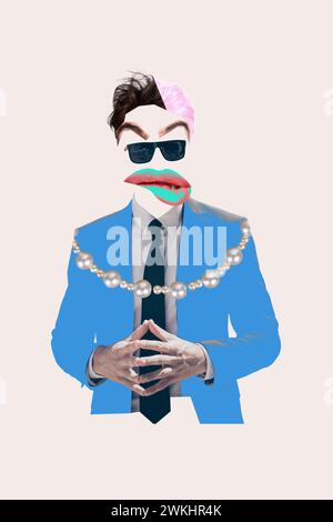 Photo collage artwork minimal picture of strange ugly huge lips businessman isolated white color background Stock Photo