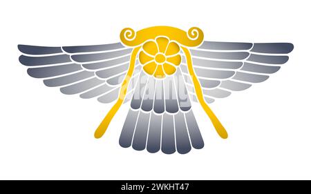 Winged solar disk of god Ashur, a sun emblem with wings. Symbol of Ashshur, the main god of Assyrian mythology in Mesopotamian religion. Stock Photo