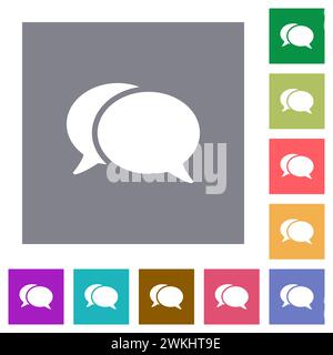 Two oval chat bubbles solid flat icons on simple color square backgrounds Stock Vector